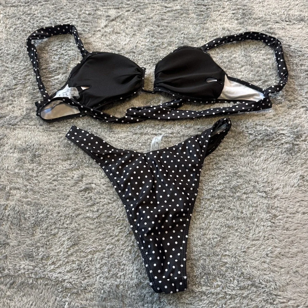 Boutique Polka Dot Bikini Set Medium Black White High Cut Underwire